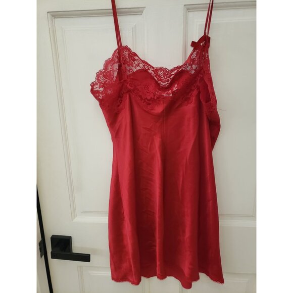 Victorias Secret Angel Red Lace Satin Nightgown Slip Dress Bow Adjustable Straps - Picture 5 of 16